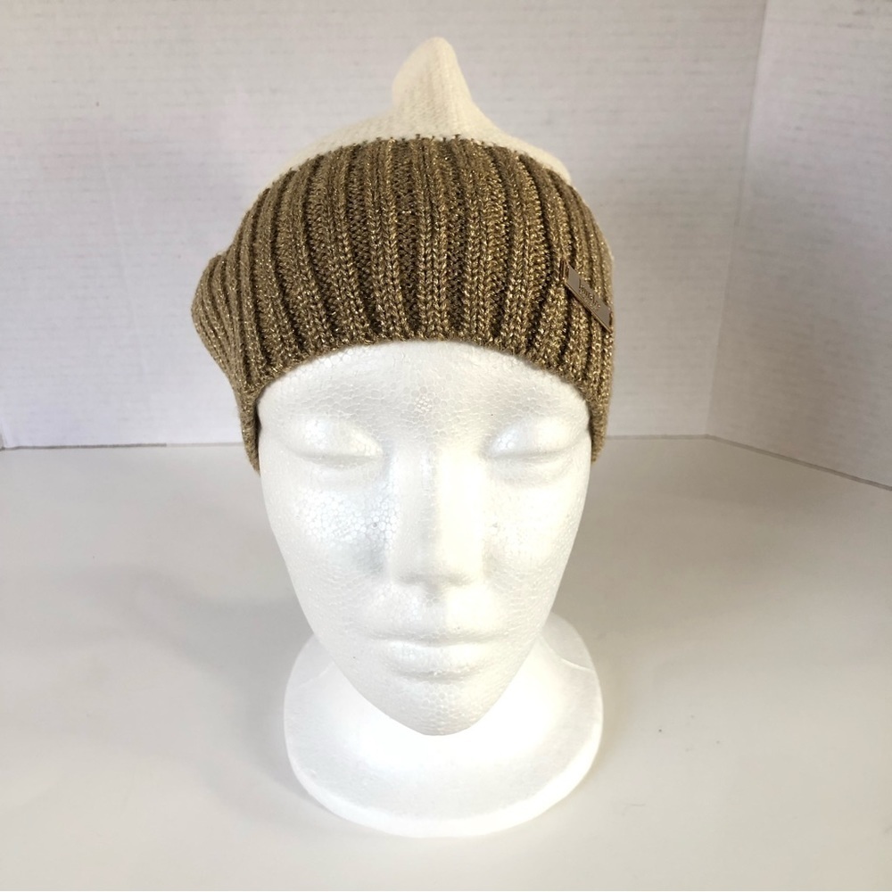 LAUNDRY BY SHELLI SEGAL Alpaca Wool Blend Ribbed Gold Shimmering Trim Beanie OS - Picture 3 of 14